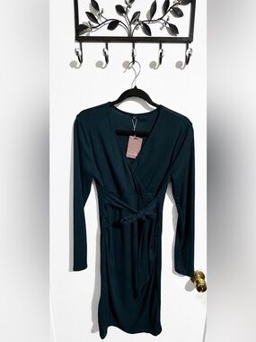 Yesfashion Maternity Rib Knit Wrap Bodycon Dress | Long Sleeve | Dark Teal | M